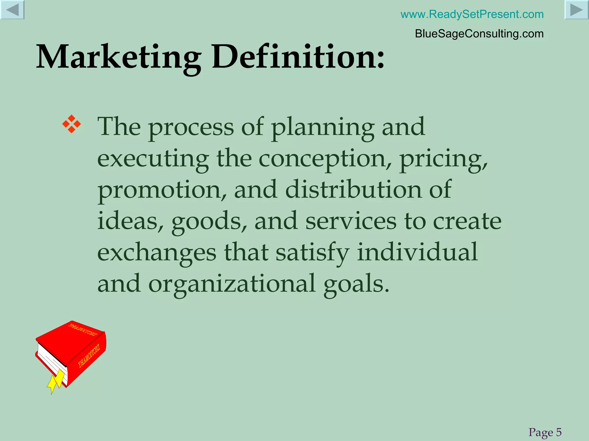 Marketing Definition: The process of planning and executing the conception, pricing, promotion, and distribution of ideas, goods, and services to create exchanges that satisfy individual and organizational goals.  