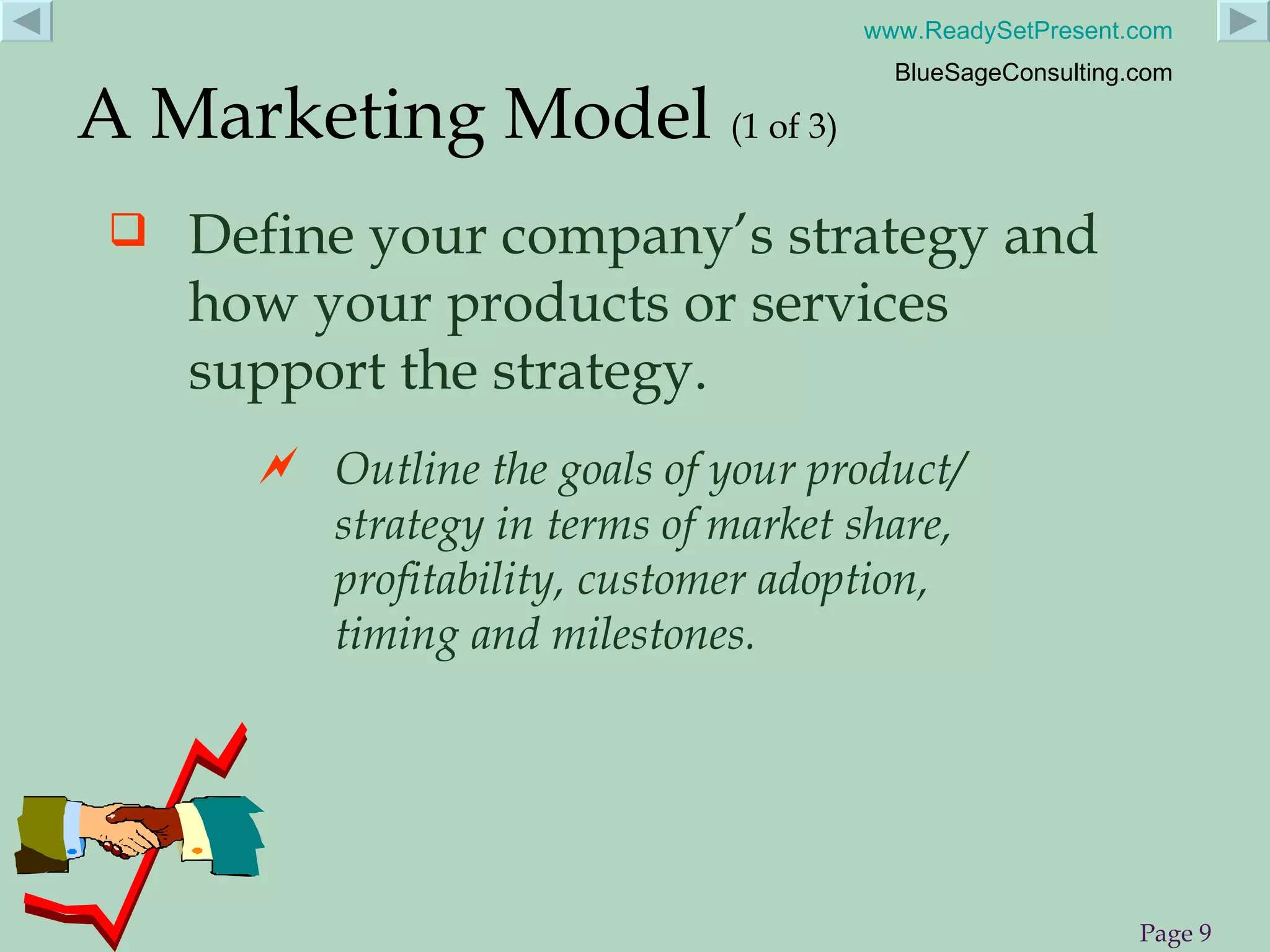 Define your company’s strategy and how your products or services support the strategy. A Marketing Model  (1 of 3) Outline the goals of your product/ strategy in terms of market share, profitability, customer adoption, timing and milestones. 