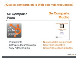 ¿Qué se comparte en la Web con más frecuencia?


 Se Comparte                       Se Comparte
 Poco                                   Mucho




  ‡ Product info             ‡ Nuevos datos de mercado
  ‡ Software documentation   ‡ Con valor educativo
  ‡ Yo/Mi/Me/Conmigo         ‡ Contenidos especializados
 