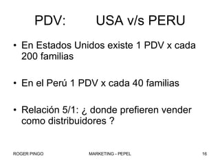PDV:  USA v/s PERU En Estados Unidos existe 1 PDV x cada 200 familias En el Perú 1 PDV x cada 40 familias Relación 5/1: ¿ donde prefieren vender como distribuidores ? 
