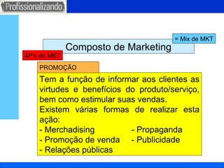 Composto de Marketing 4P’s do MKT = Mix de MKT Tem a função de informar aos clientes as virtudes e benefícios do produto/serviço, bem como estimular suas vendas. Existem várias formas de realizar esta ação: - Merchadising  - Propaganda - Promoção de venda  - Publicidade - Relações públicas PROMOÇÃO 