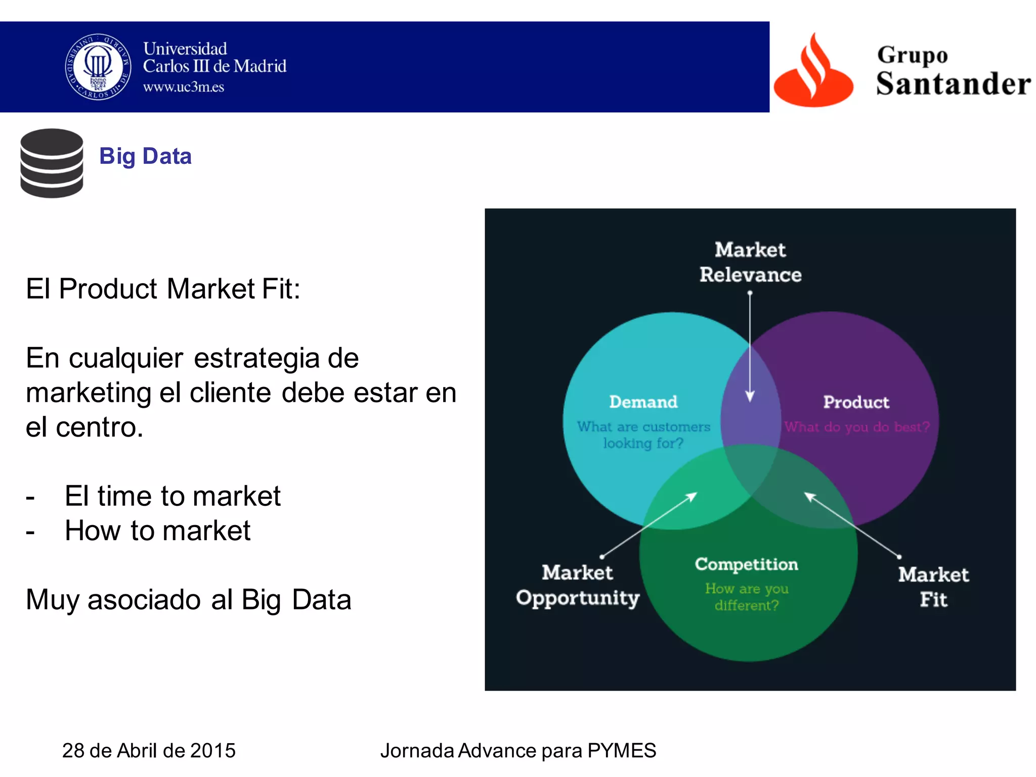 28  de  Abril  de  2015 Jornada  Advance  para  PYMES  
El  Product Market Fit:
En  cualquier  estrategia  de  
marketing  el  cliente  debe  estar  en  
el  centro.
-­ El  time  to  market
-­ How to  market
Muy  asociado  al  Big  Data
Big  Data
 