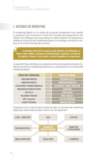 MARKETING DIGITAL
INDUSTRIA DEL MUEBLE | GUÍA METODOLÓGICA
44
El marketing digital es un campo de actuación empresarial muy voluble
y cambiante que evoluciona al ritmo del mercado del equipamiento del
hábitat. Sin embargo, esta circunstancia no debe impedir a las pequeñas y
medianas industrias del mueble planifiquen su estrategia comercial e inte-
gran en la misma este tipo de acciones.
La siguiente figura detalla una comparativa de acciones promocionales me-
diante acciones de marketing tradicional y su equivalente en el terreno del
marketing digital.
Tratándose de la industria del mueble de Jaén, las acciones de marketing
digital que toda empresa debe conocer son las siguientes:
La estrategia comercial de la empresa puede introducir una combinación, en
mayor o menor medida, de acciones de marketing digital y tradicional, en función de
los objetivos a alcanzar y de los medios y recursos disponibles en la organización.
PUBLICIDAD IMPRESA
MARKETING DIRECTO
CLASIFICADOS Y PÁGINAS AMARILLAS
PUBLICIDAD EN PUNTO DE VENTA
SPOT DE TV
RELACIONES PÚBLICAS
GRP’s (impactos)
CLIENTE POTENCIAL
PUBLICIDAD DISPLAY
PERMISSION MARKETING
BUSCADORES Y MOBILE MARKETING
USABILIDAD
VÍDEO ONLINE
REDES SOCIALES
TASA DE CONVERSIÓN
AUDIENCIA OBJETIVO
MARKETING TRADICIONAL MARKETING DIGITAL
e-MAIL - MARKETING BLOG SITIO WEB
ACCIONES DE
MARKETING DIGITAL
PUBLICIDAD DISPLAY
MARKETING
EN BUSCADORES
MOBILE MARKETING SOCIAL MEDIA e-COMMERCE
1. ACCIONES DE MARKETING
 