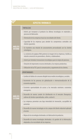 MARKETING DIGITAL
INDUSTRIA DEL MUEBLE | GUÍA METODOLÓGICA
78
ASPECTOS FAVORABLES
ANÁLISIS
INTERNO
ANÁLISIS
EXTERNO
FORTALEZAS
•	 Interés por incorporar al producto las últimas tecnologías en materiales y
procesosdefabricación.
•	 Orientacióndelasempresashacialasnecesidadesdelcliente.
•	 Capacidad de las empresas para atender los compromisos contraídos con
clientes(garantía).
•	 Se mantiene una relación de asesoramiento personalizado con los clientes
estratégicos.
•	 La existencia de páginasWeb potencia la imagen de las empresas y facilita su
relacióncomercialconproveedores,clientesycolaboradores.
•	 Interésporintroducirinnovacionestecnológicasparalamejoradeprocesos.
•	 Dotacióndeimportantesrecursosdestinadosalasmejorasproductivas.
•	 UtilizacióndelasTIC’sparalacomunicaciónyseguimientodelosclientes.
•	 Cambiodehábitosdeconsumodirigidohaciamediostecnológicosysociales.
•	 Incremento de los procesos de globalización e internacionalización de la
economíaespañola.
•	 Crecientes oportunidades de acceso a los mercados exteriores: economías
emergentes.
•	 Desarrollo de nuevos canales de distribución en el mercado (franquicias,
cadenasdetiendasespecializadas,online,contract).
•	 Las empresas presentan una baja intensidad de innovación, susceptible de
aumentar.
•	 Desarrollo de nuevas tecnologías en los campos del diseño industrial aplicado
alsector.
•	 Mejoradelastecnologíasdestinadasalafabricacióndeproductos.
•	 Desarrollo de nuevas tecnologías destinadas a la gestión de la información,
adaptadasalasnecesidadesdelasempresas.
OPORTUNIDADES
 
