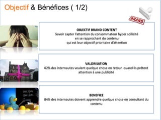 OBJECTIF BRAND CONTENT
Savoir capter l’attention du consommateur hyper sollicité
en se rapprochant du contenu
qui est leur objectif prioritaire d’attention
VALORISATION
62% des internautes veulent quelque chose en retour quand ils prêtent
attention à une publicité
BENEFICE
84% des internautes doivent apprendre quelque chose en consultant du
contenu
Objectif & Bénéfices ( 1/2)
 