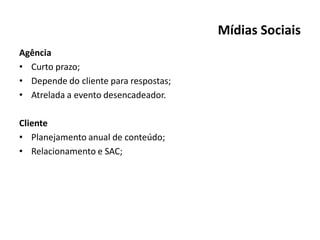 Mídias Sociais
Agência
• Curto prazo;
• Depende do cliente para respostas;
• Atrelada a evento desencadeador.

Cliente
• Planejamento anual de conteúdo;
• Relacionamento e SAC;
 