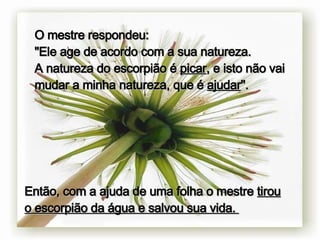 O mestre respondeu:  "Ele age de acordo com a sua natureza. A natureza do escorpião é  picar , e isto não vai mudar a minha natureza, que é  ajudar ".   Então, com a ajuda de uma folha o mestre  tirou o escorpião da água e salvou sua vida.   
