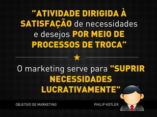 O marketing serve para "SUPRIR
NECESSIDADES
LUCRATIVAMENTE"
OBJETIVO DE MARKETING PHILIP KOTLER
”ATIVIDADE DIRIGIDA À
SATISFAÇÃO de necessidades
e desejos POR MEIO DE
PROCESSOS DE TROCA”
 