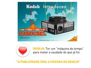 DESEJO: Ter um “máquina do tempo”
para matar a saudade do que já foi.
“A PUBLICIDADE CRIA A FISSURA DO DESEJO”
 