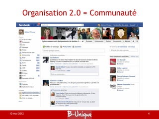 Organisation 2.0 = Communauté




10 mai 2012                              4
 