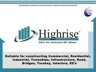 Prepared by Swaminathan K for Kanix Infotech during 2011
India’s first construction ERP software
HIGH PERFORMANCE SOFTWARE SOLUTION FOR CONSTRUCTION / CONTRACTING / PROJECT BASED INDUSTRIES
Suitable for constructing Commercial, Residential,
Industrial, Townships, Infrastructure, Road,
Bridges, Turnkey, Interiors, EZ’s
 