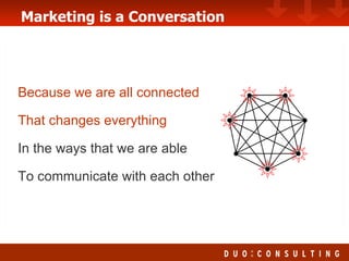 Marketing is a Conversation Because we are all connected That changes everything In the ways that we are able To communicate with each other 