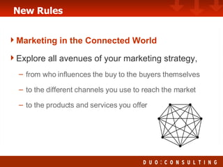 New Rules Marketing in the Connected World Explore all avenues of your marketing strategy,  from who influences the buy to the buyers themselves to the different channels you use to reach the market to the products and services you offer 
