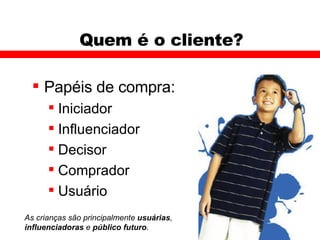 Quem é o cliente? Papéis de compra: Iniciador Influenciador Decisor Comprador Usuário As crianças são principalmente  usuárias ,  influenciadoras  e  público futuro . 