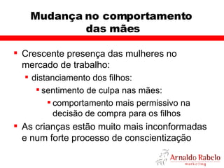 Mudança no comportamento  das mães Crescente presença das mulheres no mercado de trabalho: distanciamento dos filhos: sentimento de culpa nas mães: comportamento mais permissivo na decisão de compra para os filhos As crianças estão muito mais inconformadas e num forte processo de conscientização 