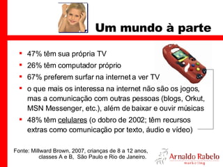 Um mundo à parte 47% têm sua própria TV 26% têm computador próprio  67% preferem surfar na internet a ver TV o que mais os interessa na internet não são os jogos, mas a comunicação com outras pessoas (blogs, Orkut, MSN Messenger, etc.), além de baixar e ouvir músicas 48% têm  celulares  (o dobro de 2002; têm recursos extras como comunicação por texto, áudio e vídeo)  Fonte: Millward Brown, 2007, crianças de 8 a 12 anos, classes A e B,  São Paulo e Rio de Janeiro.  