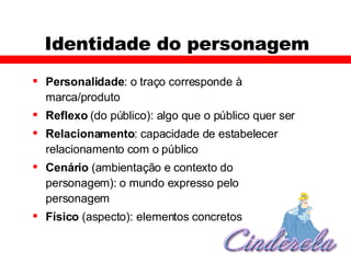Identidade do personagem Personalidade : o traço corresponde à marca/produto Reflexo  (do público): algo que o público quer ser Relacionamento : capacidade de estabelecer relacionamento com o público Cenário  (ambientação e contexto do personagem): o mundo expresso pelo personagem Físico  (aspecto): elementos concretos 