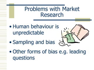 Problems with Market Research Human behaviour is unpredictable Sampling and bias Other forms of bias e.g. leading questions 