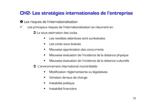 CH2- Les stratégies internationales de l’entreprise
Les risques de l’internationalisation
Les principaux risques de l’internationalisation se résument en:
La sous estimation des coûts:
Les recettes attendues sont surévaluées
Les coûts sous évalués
Mauvaise appréciation des concurrents
Mauvaise évaluation de l’incidence de la distance physique
Mauvaise évaluation de l’incidence de la distance culturelle
L’environnement international incontrôlable:
Modification réglementaires ou législatives
Variation de taux de change
Instabilité politique
Instabilité financière
12

 