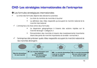 CH2- Les stratégies internationales de l’entreprise
Les formules stratégiques internationales
Le choix des formules dépend des décisions suivantes:
Le choix du nombre de marchés à toucher
La définition des rôles respectifs qu’occupent le marché national et le
marché international
L’entreprise a le choix entre deux formules:
La dispersion géographique à travers des actions rapides sur le
marché étranger « voltigeurs »
Concentration des marchés à travers des investissements importants
visant des parts de marché importants et durable « enracinés »

l’entreprise doit préciser quels rôles respectifs occupent le marché national et
les marchés étrangers

Marché domestique
Un seul marché

MI: Les marchés étrangers sont
des satellites
le marché domestique
est primordial

MM: Le marché domestique MG: le marché domestique
n’est qu’un marché
Est une unité de base
de taille variable
d’un marché unifié

13

 