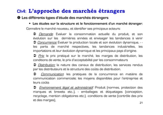 Ch4: L’approche des marchés étrangers
Les différents types d’étude des marchés étrangers
Les études sur la structure et le fonctionnement d’un marché étranger:
Connaître le marché nouveau, et identifier ses principaux acteurs:

Demande: Evaluer la consommation actuelle du produit, et son
évolution sur les dernières années et envisager les tendances à venir
Concurrence: Evaluer la production locale et son évolution dynamique, - les parts de marché respectives, les tendances industrielles, les
importations et leur évolution dynamique et les principaux pays d’origine.
Prix: le prix pratiqué sur le marché, les marges de distribution, les
conditions de vente, le prix d’acceptabilité par les consommateurs
Distribution: la nature des canaux de distribution, les services rendus
par les distributeurs et la structure des coûts de distribution.
Communication: les pratiques de la concurrence en matière de
communication commerciale; les moyens disponibles pour l’entreprise et
leurs coûts
Environnement légal et administratif: Produit (normes, protection des
marques et brevets etc..), - emballages et étiquetages (conception,
recyclage, mention obligatoires etc.), -conditions de vente (contrôle des prix
et des marges),

21

 