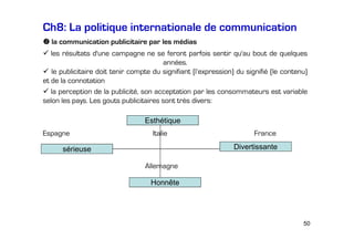 Ch8: La politique internationale de communication
la communication publicitaire par les médias
les résultats d'une campagne ne se feront parfois sentir qu'au bout de quelques
années.
le publicitaire doit tenir compte du signifiant (l’expression) du signifié (le contenu)
et de la connotation
la perception de la publicité, son acceptation par les consommateurs est variable
selon les pays. Les gouts publicitaires sont très divers:
Esthétique
Espagne

Italie

France
Divertissante

sérieuse
Allemagne
Honnête

50

 