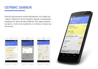 Android-приложение ориентированное на службы до-
ставки. Позволяет легко поручать задачи сотрудникам,
создавая их через личный кабинет. Все задачи видны
на карте, с ними лекго работать и отмечать статусы вы-
полнения.
СЕРВИС ЗАЯВОК
 