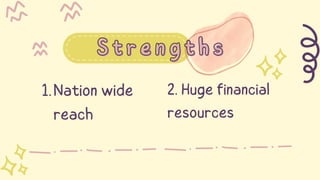 Strengths
Strengths
Nation wide
reach
1. 2. Huge financial
resources
 