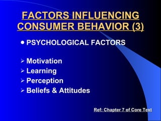 FACTORS INFLUENCING CONSUMER BEHAVIOR (3) PSYCHOLOGICAL FACTORS Motivation Learning Perception Beliefs & Attitudes Ref: Chapter 7 of Core Text 