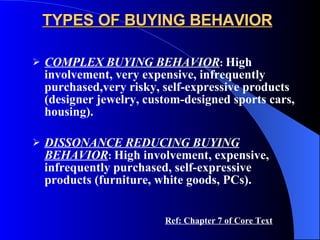 TYPES OF BUYING BEHAVIOR COMPLEX BUYING BEHAVIOR :   High involvement, very expensive, infrequently purchased,very risky, self-expressive products (designer jewelry, custom-designed sports cars, housing). DISSONANCE REDUCING BUYING BEHAVIOR :   High involvement, expensive, infrequently purchased, self-expressive products (furniture, white goods, PCs). Ref: Chapter 7 of Core Text 
