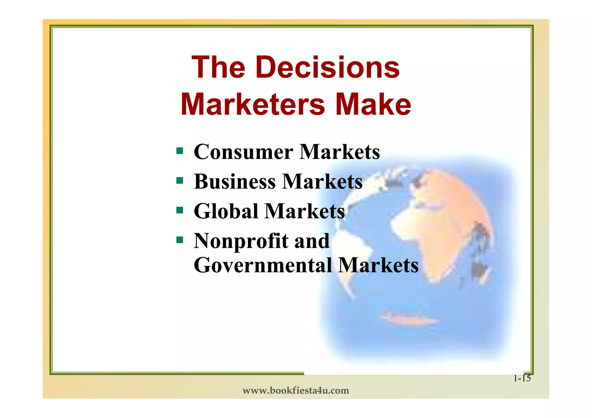 The Decisions
Marketers Make
Consumer Markets
Business Markets
Global Markets
Nonprofit and
Governmental Markets



                           1-15
    www.bookfiesta4u.com
 