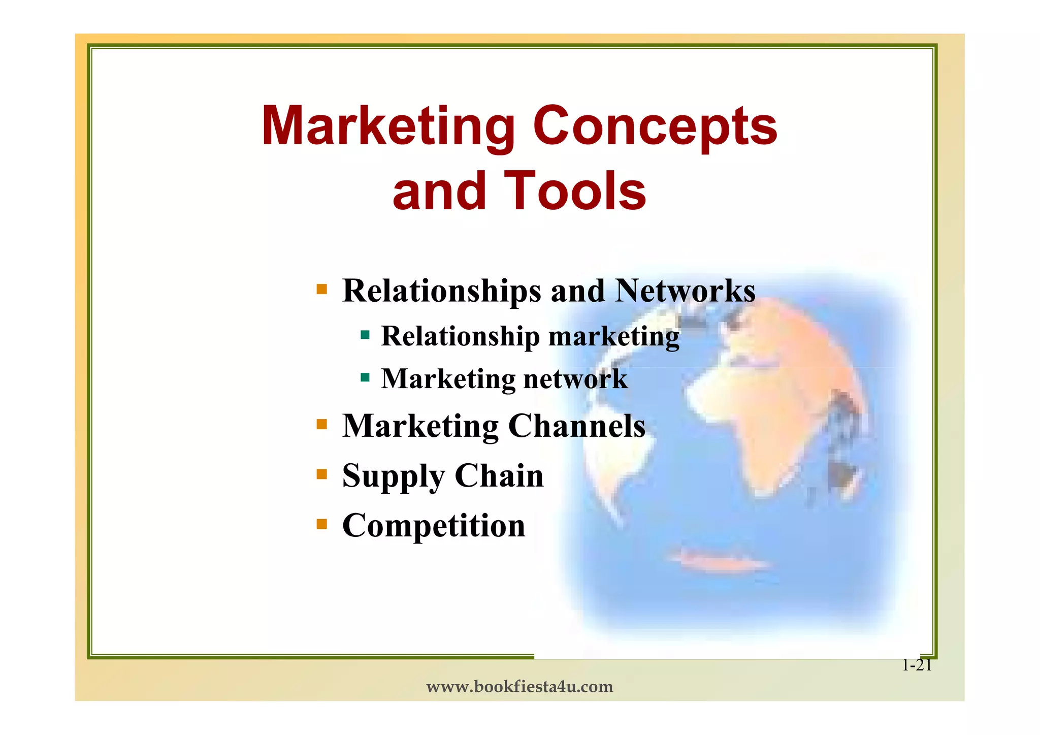 Marketing Concepts
    and Tools
  Relationships and Networks
    Relationship marketing
    Marketing network
  Marketing Channels
  Supply Chain
  Competition


                               1-21
       www.bookfiesta4u.com
 