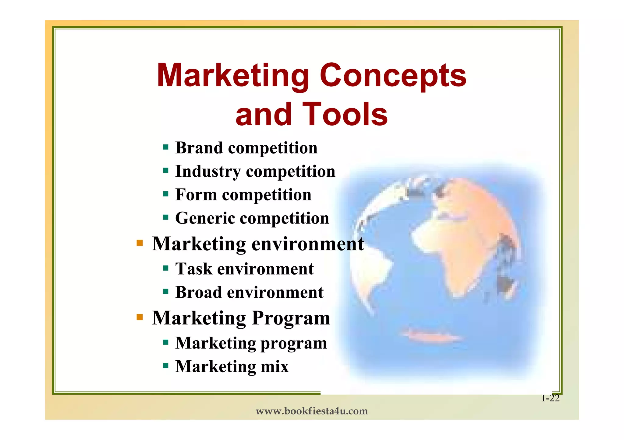 Marketing Concepts
    and Tools
  Brand competition
  Industry competition
  Form competition
  Generic competition
Marketing environment
  Task environment
  Broad environment
Marketing Program
  Marketing program
  Marketing mix
                                   1-22
            www.bookfiesta4u.com
 