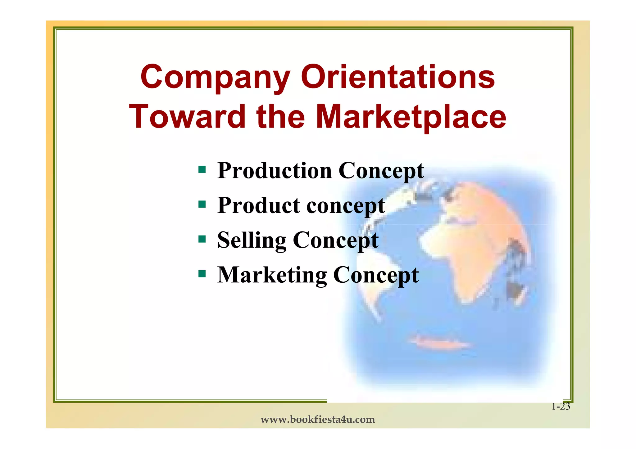 Company Orientations
Toward the Marketplace
     Production Concept
     Product concept
     Selling Concept
     Marketing Concept




                               1-23
        www.bookfiesta4u.com
 