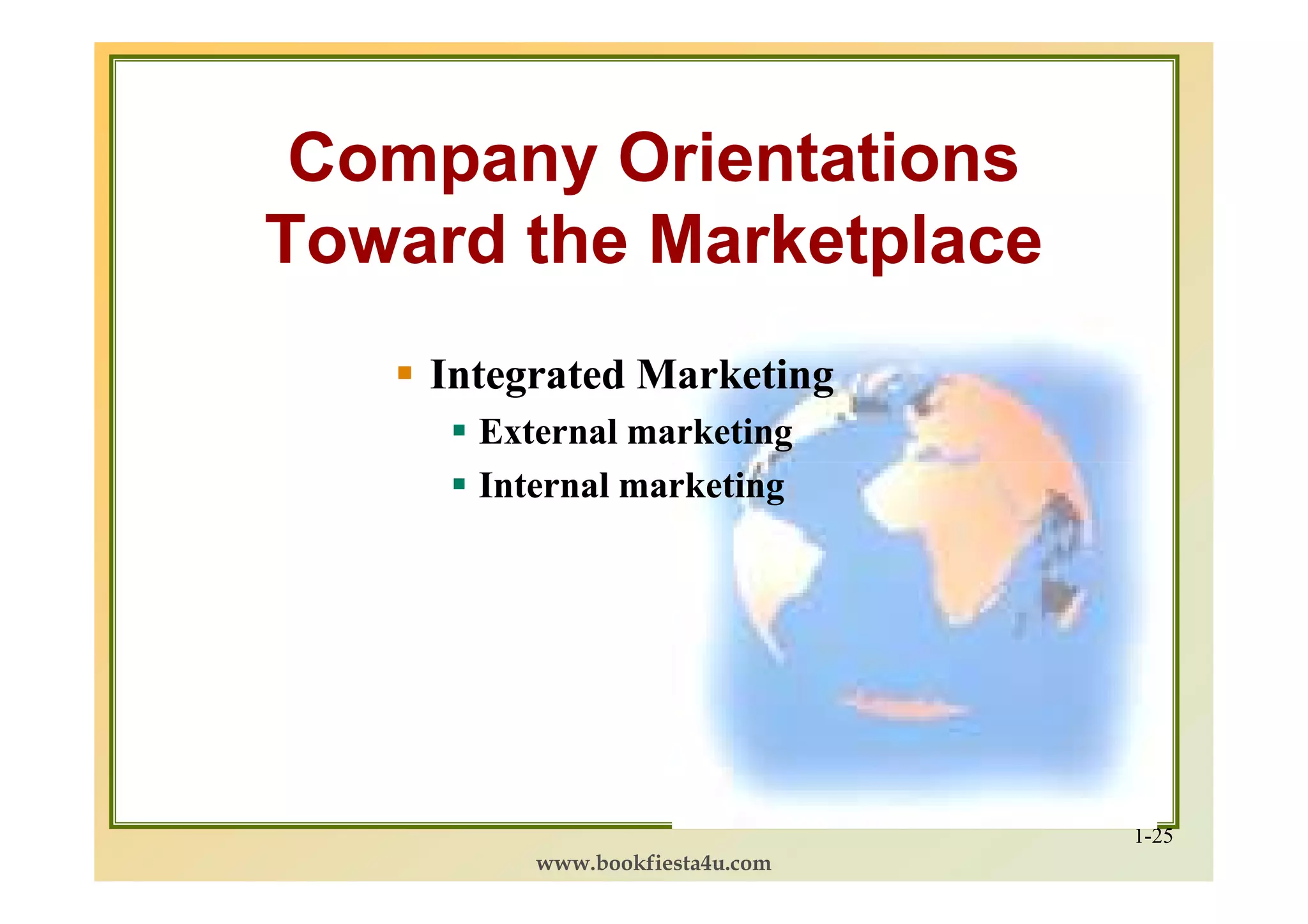 Company Orientations
Toward the Marketplace
    Integrated Marketing
      External marketing
      Internal marketing




                                1-25
         www.bookfiesta4u.com
 