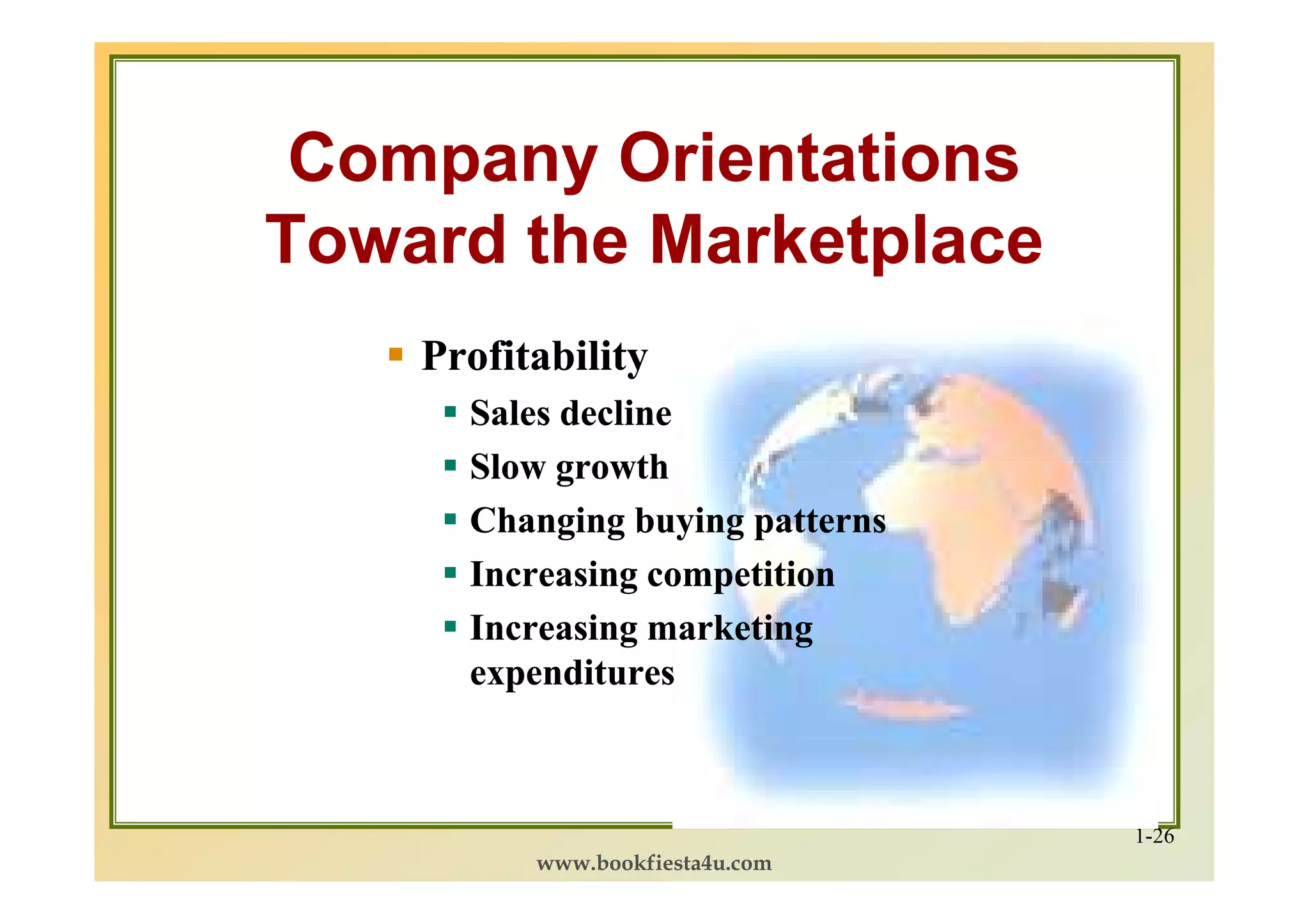 Company Orientations
Toward the Marketplace
    Profitability
      Sales decline
      Slow growth
      Changing buying patterns
      Increasing competition
      Increasing marketing
      expenditures



                                 1-26
          www.bookfiesta4u.com
 