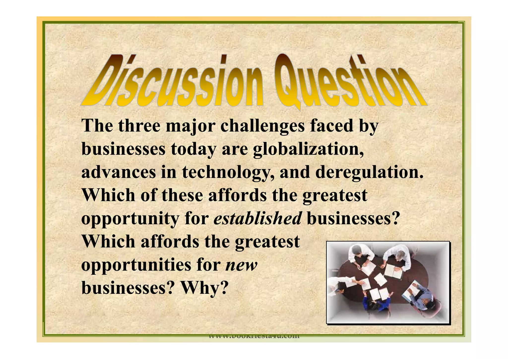 The three major challenges faced by
businesses today are globalization,
advances in technology, and deregulation.
Which of these affords the greatest
opportunity for established businesses?
Which affords the greatest
opportunities for new
businesses? Why?
                                            1-8
               www.bookfiesta4u.com
 