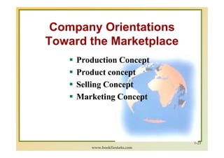 Company Orientations
Toward the Marketplace
     Production Concept
     Product concept
     Selling Concept
     Marketi...