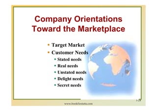 Company Orientations
Toward the Marketplace
    Target Market
    Customer Needs
      Stated needs
      Real needs
     ...