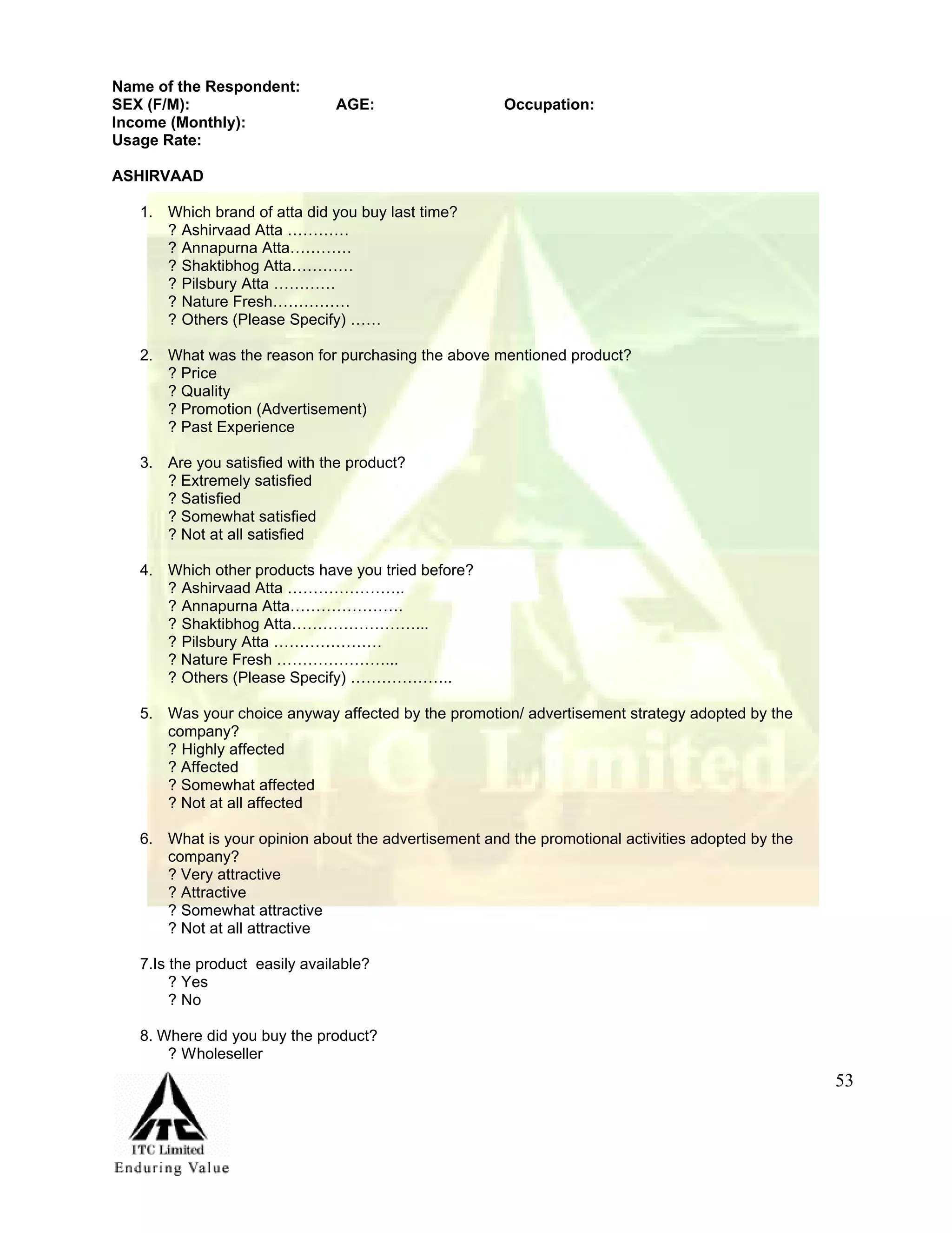 Marketing Management Project Itc Aashirvaad Atta