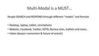 Multi-Modal is a MUST… 
People SEARCH and RESPOND through different “modes” and formats 
•Desktop, laptop, tablet, smartphone 
•Website, Facebook, Twitter, SOTD, Review sites, leaflets and more… 
•Video (deeper connection & future of search)  