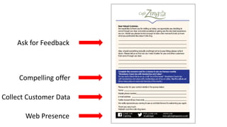 Ask for Feedback 
Compelling offer 
Web Presence 
Collect Customer Data  