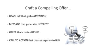Craft a Compelling Offer… 
•HEADLINE that grabs ATTENTION 
•MESSAGE that generates INTEREST 
•OFFER that creates DESIRE 
•CALL TO ACTION that creates urgency to BUY  