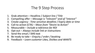 The 9 Step Process 
1.Grab attention –Headline / Subject line / Title 
2.Compelling offer –Message is “relevant” and of “interest” 
3.Create urgency -Time sensitive deadline / Expiry date or time 
4.Call-to-action (CTA) –Move from “Desire to Action” 
5.Measurable –Include a reference for ROI 
6.Opt-out –Always include link or instructions 
7.Send the email / SMS text 
8.Be ready to take –Enquiry / order / booking 
9.Feedback –Learn customer Likes, Dislikes and WANTS  