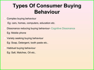 Types Of Consumer BuyingTypes Of Consumer Buying
BehaviourBehaviour
 Complex buying behaviour
Eg: cars, homes, computers, education etc.
 Dissonance reducing buying behaviour- Cognitive Dissonance
Eg: Mobile phone
 Variety seeking buying behaviour
Eg: Soap, Detergent, tooth paste etc..
 Habitual buying behaviour
Eg: Salt, Matches, Oil etc..
 