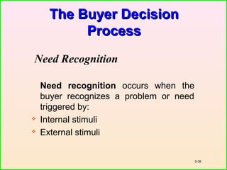 The Buyer DecisionThe Buyer Decision
ProcessProcess
Need Recognition
Need recognition occurs when the
buyer recognizes a problem or need
triggered by:
 Internal stimuli
 External stimuli
5-38
 