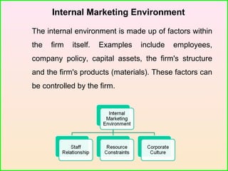 Internal Marketing Environment
The internal environment is made up of factors within
the firm itself. Examples include employees,
company policy, capital assets, the firm's structure
and the firm's products (materials). These factors can
be controlled by the firm.
 