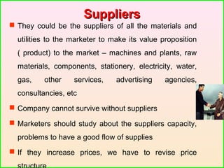 SuppliersSuppliers
 They could be the suppliers of all the materials and
utilities to the marketer to make its value proposition
( product) to the market – machines and plants, raw
materials, components, stationery, electricity, water,
gas, other services, advertising agencies,
consultancies, etc
 Company cannot survive without suppliers
 Marketers should study about the suppliers capacity,
problems to have a good flow of supplies
 If they increase prices, we have to revise price
 
