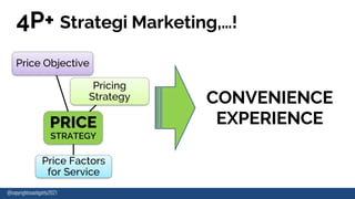 PRICE
STRATEGY
Pricing
Strategy
Price Objective
Price Factors
for Service
CONVENIENCE
EXPERIENCE
4P+ Strategi Marketing,…!
@copyrightcoachgetty2021
 