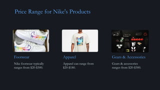 Price Range for Nike's Products
Footwear
Nike footwear typically
ranges from $20-$300.
Apparel
Apparel can range from
$20-$180.
Gears & Accessories
Gears & accessories
ranges from $20-$300.
 